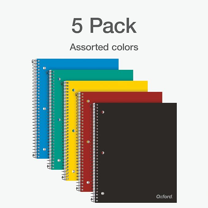 Oxford 1 Subject Spiral Notebook, Notebook for School, Plastic Covers, Back to School Supplies, College Ruled, 100 Sheets, 5 Pack, Assorted Primary Colors: Black, Blue, Red, Green and Yellow (1009289)