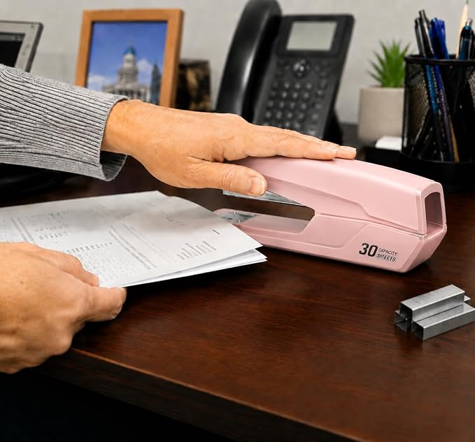 Metal Stapler with 830 Staples, Office Stapler, Staplers for Desk, 30 Sheet Capacity, Non-Slip, Pink