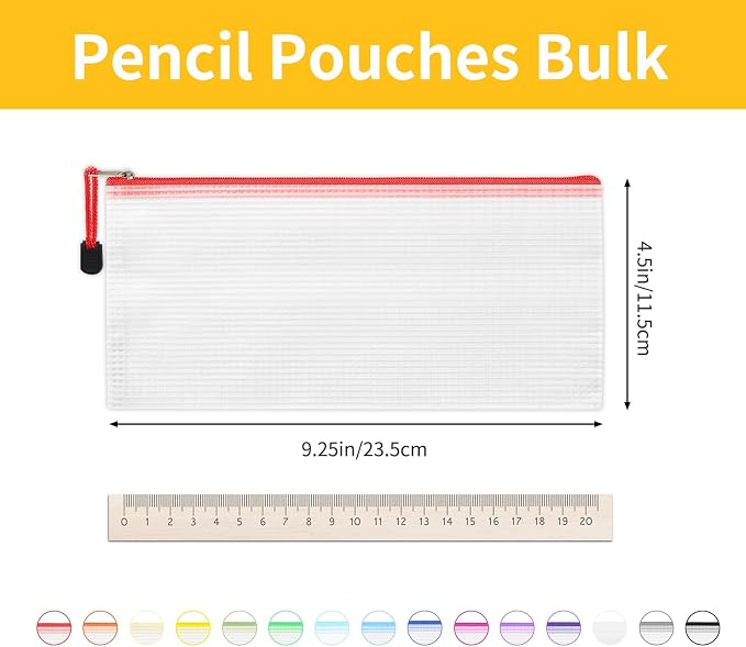 EOOUT Pencil Pouch 30pcs 9.5x4.5 Inches Small Mesh Zipper Pouch in 15 Colors for Bill Travel Tickets Storage and Office Supplies Storage