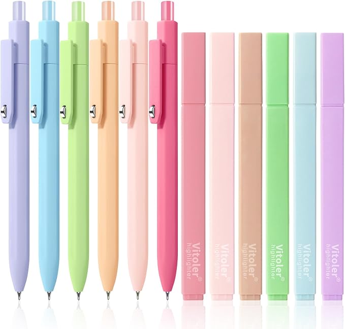 Piochoo Aesthetic Highlighters and Gel Pens, 12 Pack, Assorted Colors Cute Highlighter,0.5mm Black Ink Pens for Journaling Planner Notes Supplies