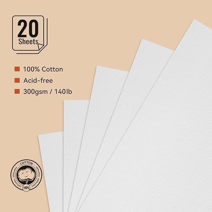 Lightwish Watercolor Sketchbook,100% Cotton Acid Free Watercolor Journal,300gsm/140lb Cold Press Watercolor Paper for Artists,Adults,Students,20 Sheets,5.8 * 8.2 Inches Paper