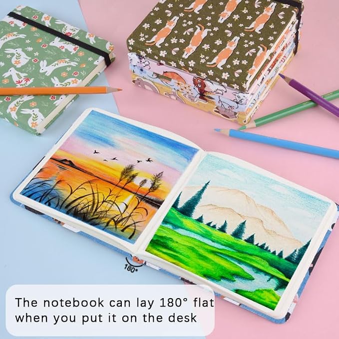 qianshan 4.8" x 4.8" Hardcover Sketchbook,Small Mixed Media Sketch Pad,96 Sheets 80gsm Acid-Free Artist Travel Journal Pocket Blank Notepad for Adults Drawing Painting,Art Supplies.Lake Blue Cat