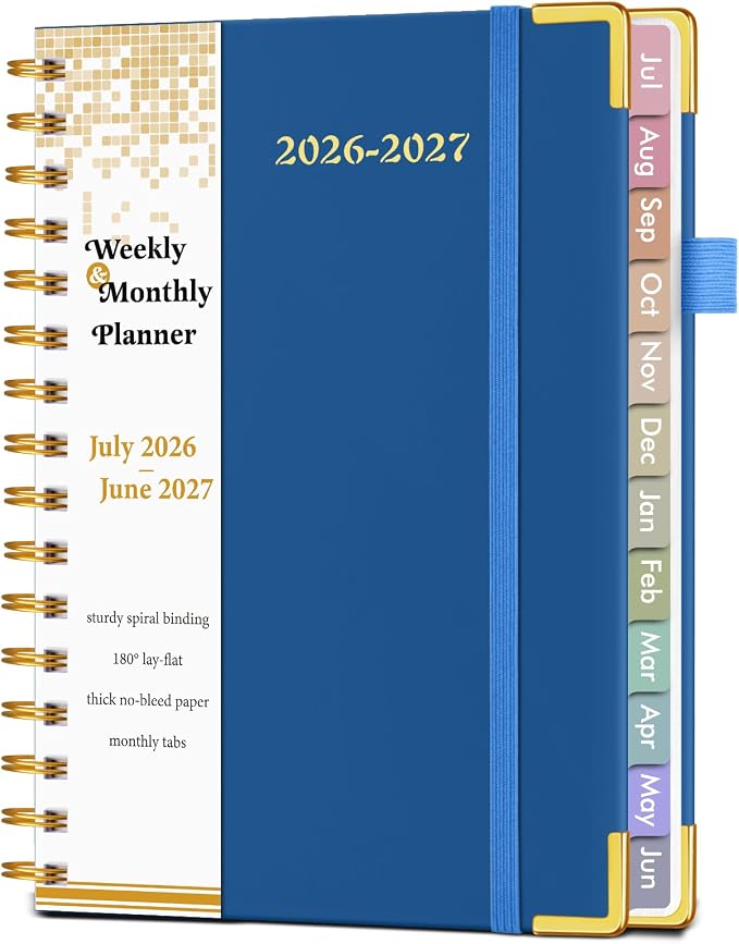 A5 Academic Planner 2026-2027, Weekly and Monthly Planner from July 2026 - June 2027, Hardcover Leather Agenda Book with Tabs, Spiral Daily Calendar Planners for College School Home Teacher Student, Night Sky Blue