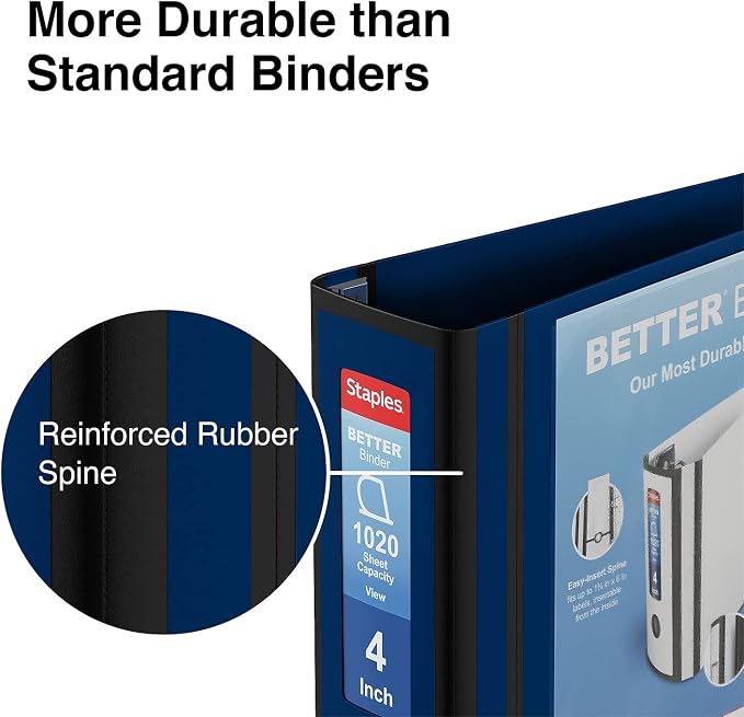 Staples Better Binder 4-Inch D-Ring View Binder, Reinforced Spine, Holds Up to 800 Sheets, Blue, for Office & Archiving