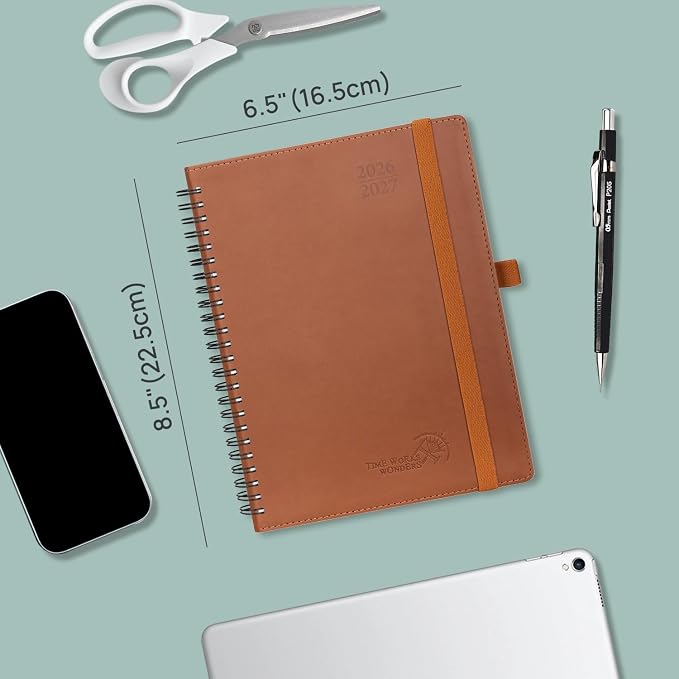 POPRUN Planner 2026-2027 (Medium - 6.5'' x 8.5'') Academic Weekly Planner | Calendar(July 2026 - June 2027) Appointment Book with Hourly Time Slots, Monthly Tabs, 100GSM, Spiral Leather Cover - Pink