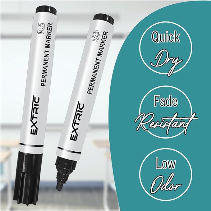 EXTRIC Permanent Markers Chisel Tip, Black, 12 Count, Quick Drying Ink, Works on Paper, Wood, Plastic, Metal and Glass, Great for Home, Office and School use