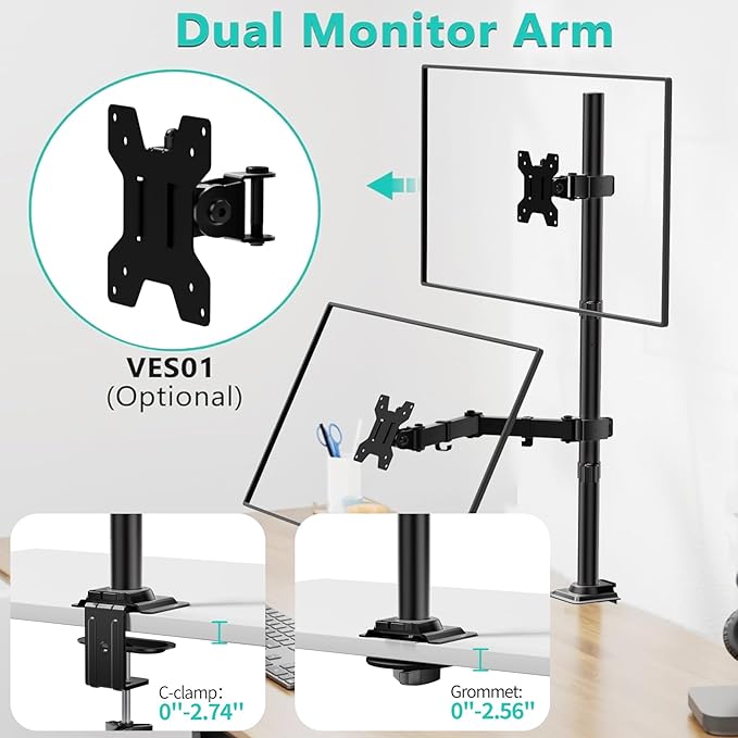 WALI Monitor Arm Mount for Desk, Single Extra Tall Computer Desk Mount, Monitor Bracket Mount Stand Single, up to 34 inch, 22 lbs (M001XL), Black