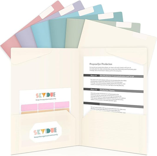 Folders with Pockets and Tabs, 6 Pack Plastic File Folders with 18 Labels, Letter Size School Folders with Pockets, Color-Coded Project Folders for School, Home and Office, Muted Tones Colors
