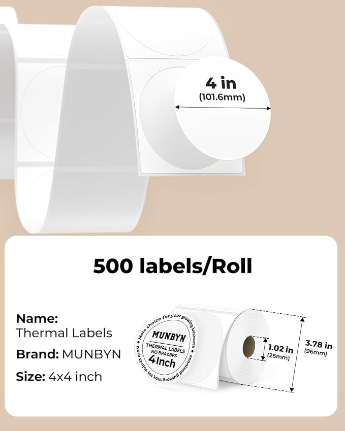 MUNBYN 4 Inch White Circle Thermal Labels for Business, 500 Sheets/1 Roll