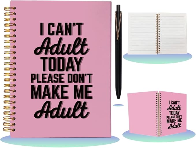 Funny Notebook with Pen Set I Can't Adult Today, A5 Spiral Journal for Women and Teens, 18th Birthday Gifts for Girls, 80 Sheets College Ruled Sarcastic Office Stationery, Humorous Pink Diary