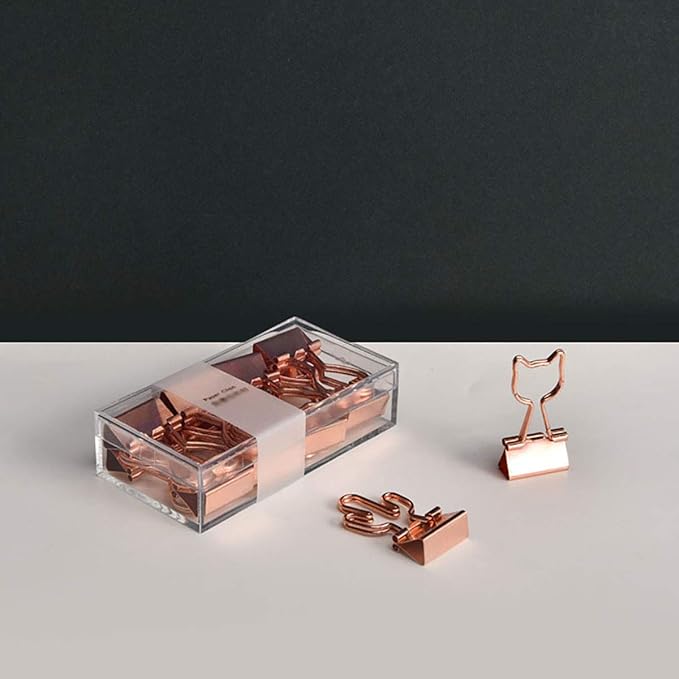 Cat Binder Clips,Rose Gold Cute Metal Binder Clips with Cat Shaped 3/4-Inch Small Office Supplies for Cat Lovers Decor (12Pcs)