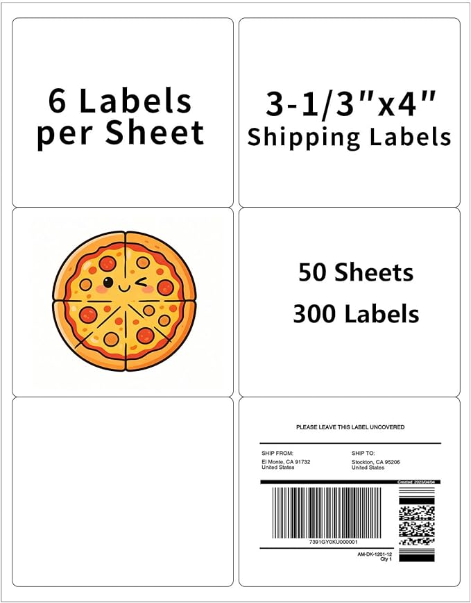 3-1/3" x 4" Shipping Labels, Printable White 6 UP Label for Laser/Inkjet Printers, Self Adhesive FBA Address Matte Mailing Label Stickers(50 Sheets, 300 Labels)