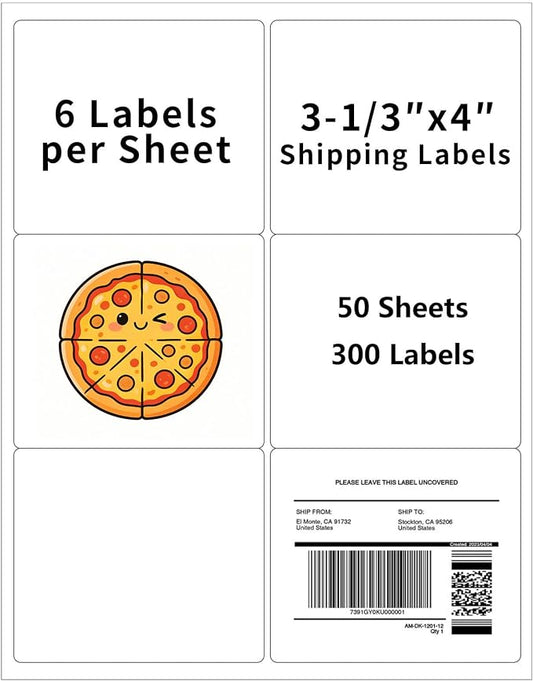 3-1/3" x 4" Shipping Labels, Printable White 6 UP Label for Laser/Inkjet Printers, Self Adhesive FBA Address Matte Mailing Label Stickers(50 Sheets, 300 Labels)
