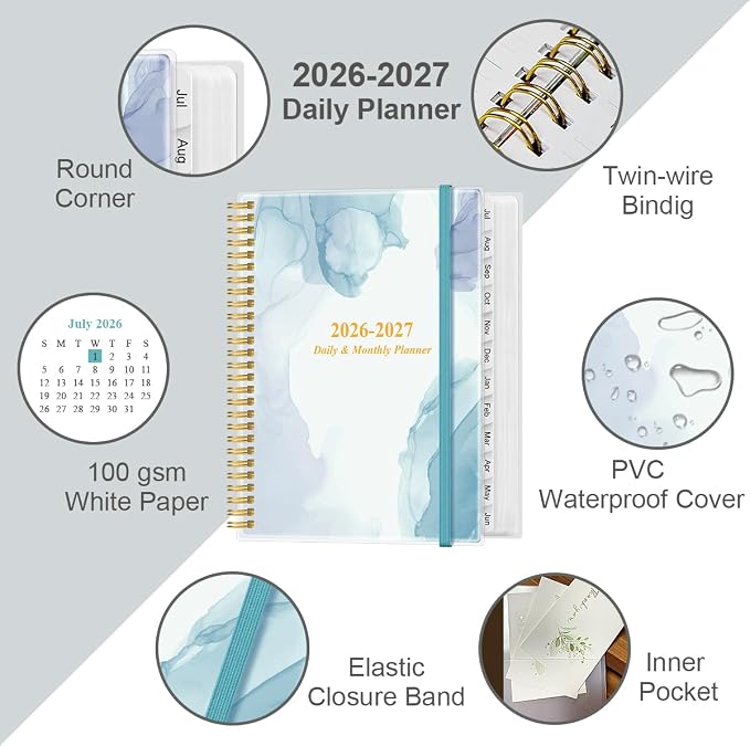 2026-2027 Daily & Monthly Planner - One Page Per Day, Daily Planner from July 2026 - June 2027, Planner 2026-2027 with 12 Monthly Tabs, 8.5" x 11", Blue Watercolor