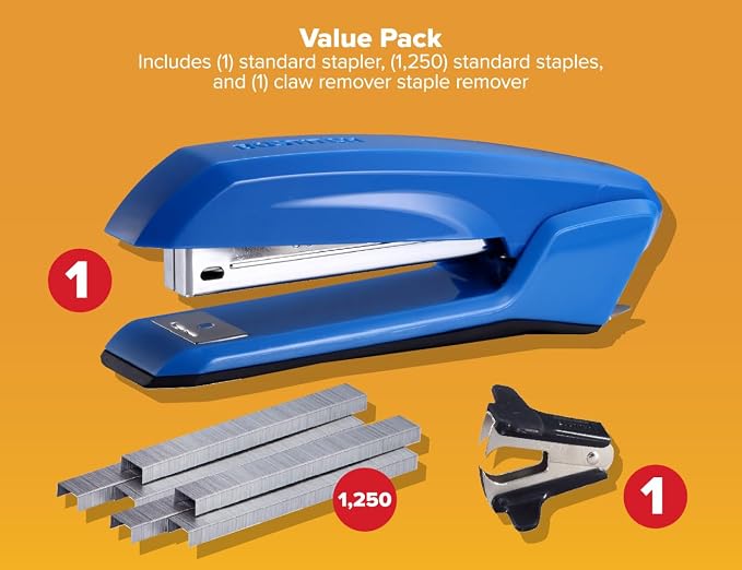 Bostitch Office Ascend 3 in 1 Stapler Value Pack, 20 Sheet Capacity, Includes 5000 Staples, Integrated Remover & and Extra Staple Remover, Staple Storage Compartment, Assorted Colors (Colors May Vary)