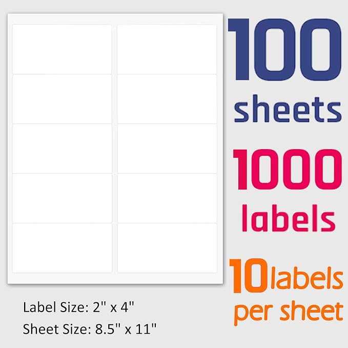MPRT 2" x 4" Shipping Address Labels 1000 Label Stickers Paper for Laser & Inkjet Printer 10 per Page Printable Mailing Labels - Matte, 100 Sheets | for Laser & Inkjet Printer 10 per Page Printable Mailing Labels - Matte, 100 Sheets