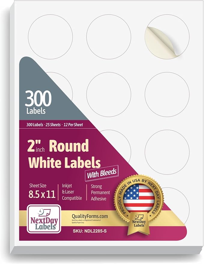 NextDayLabels 2 Inch Round Labels with Bleeds – Matte White Circle Stickers for Inkjet & Laser | 300 Labels, 25 Sheets, 12 Per Page | Made in USA | Printable Stickers for Jars & Candles