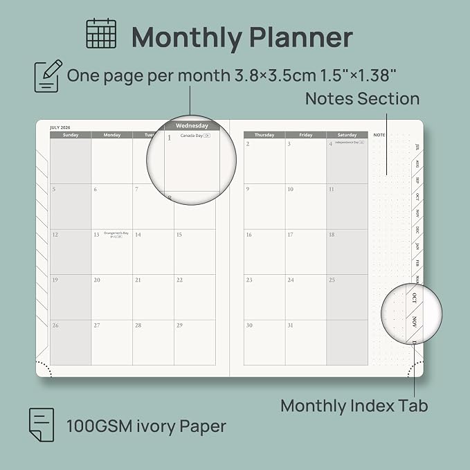 POPRUN Planner 2026-2027 (Size 6.75"x 8.75"), Academic Year Weekly Planner | Calendar Book Jul.2026 - Jun.2027, Appointment Book with Monthly Tabs, Leather Hardcover, Inner Pocket, 100GSM - Navy Blue
