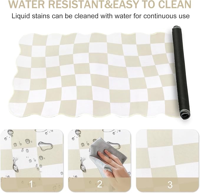 L-SPOUTTO Beige Checkered Mouse Pad,Scalloped Desk Mat XXL Large Geometric Gaming Mousepad,35.4x15.7in Non-Slip Rubber Base Keyboard Pad Waterproof Desktop Mat for Laptop Computer Game Home Office