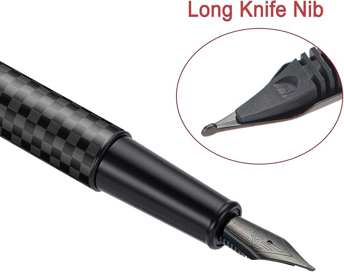 HONG DIAN 1861 Fountain Pen, Long Blade Nib, Black Carbon Fiber Design with Converter and Metal Pen Case Set