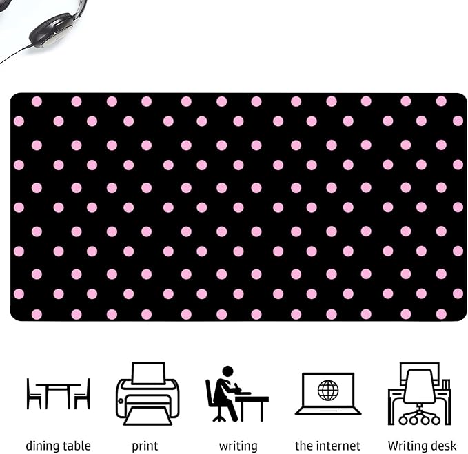 Pink Polka Dot Leather Desk Mat Extended Gaming Mouse Pad | Non-slip Large Writing Pad Laptop Blotter Computer Keyboard Mat | Cute Black Desk Protector for Home Office 23.6" x 11.8"