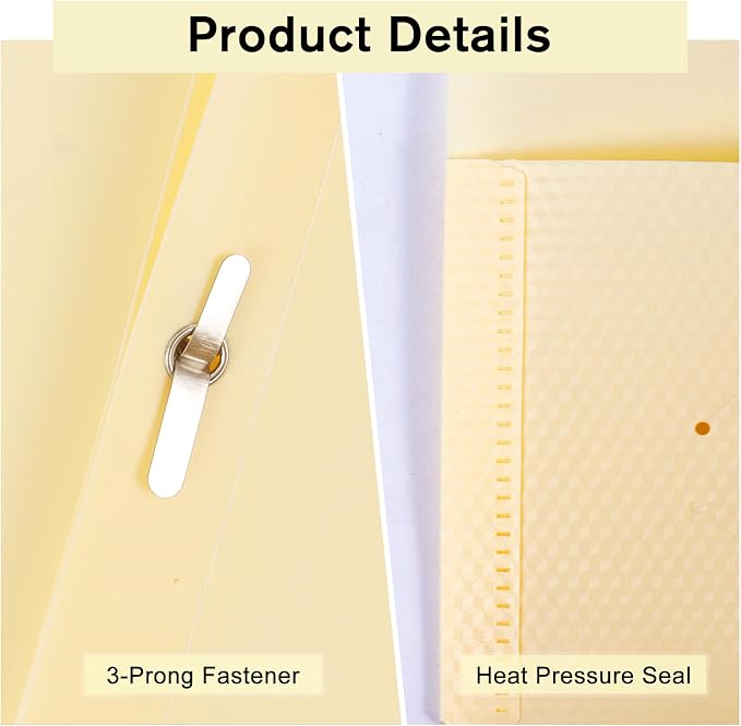 60-Pack Plastic andPockets and Prongs,2-Pocket and3 Fasteners, Pastel Folders Holds 8-1/2" x 11" Paper for School/Office/Home, Yellow