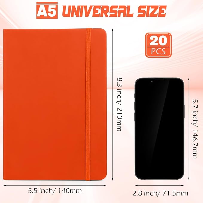 Honoson 20 Pack A5 Lined Journal Notebooks Hardcover Executive Notebook 5.5" x 8.3" PU Leather Wide Ruled Journals Bulk 160 Pages for Back to School Supplies Office Business Home (Orange)