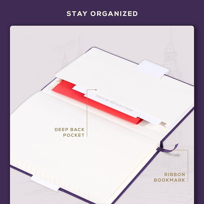 BEECHMORE BOOKS Premium Lined Leather Journal for Men & Women, 5" x 8" (A5) Thick 120gsm Ivory Cream Paper Notebook, Hardcover Vegan Leather Personal Diary, With Gift Box (Royal Plum)