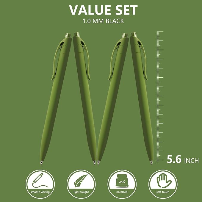 deegtran 100 Pack No Bleed Sage Green Barrel Click Pens, Wholesale Retractable Ballpoint Pens, Medium Point, Smooth Ink, 1.0MM Black Ink
