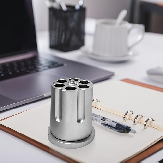 Rotating Revolver Pen Holder, Aluminum Gun Cylinder Pencil Holders, Men Desktop Decor for Men's Birthday, Office Decoration