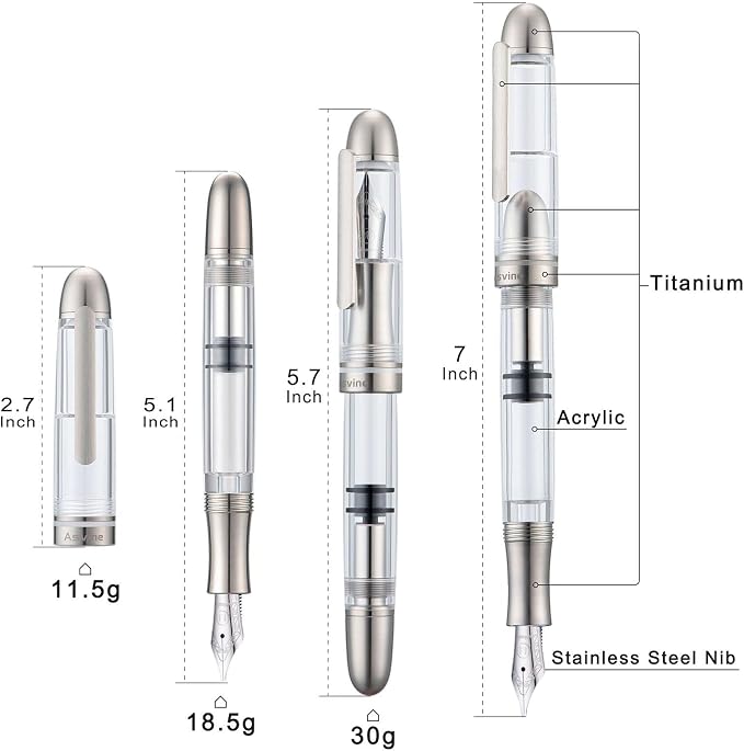 Asvine P36 Titanium Fountain Pen Piston Filling, Stub Nib 1.1mm Calligraphy Art Drawing Clear Demonstrator Acrylic with Case Set