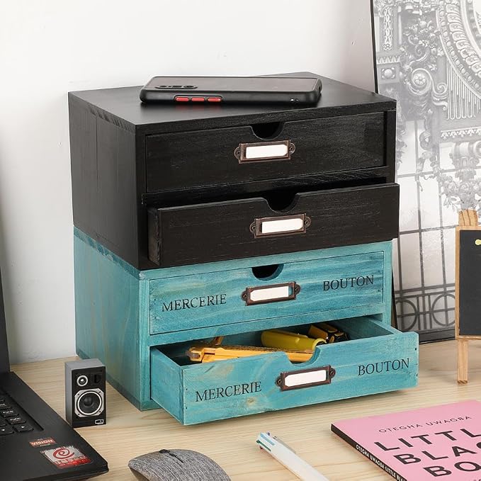 Small Wooden Drawers Wooden Box with Drawer Black | 2 Drawer Storage Box for Apothecary Cabinet, Apothecary Drawers，Desktop Organizer with Metal Handles for Office，Home