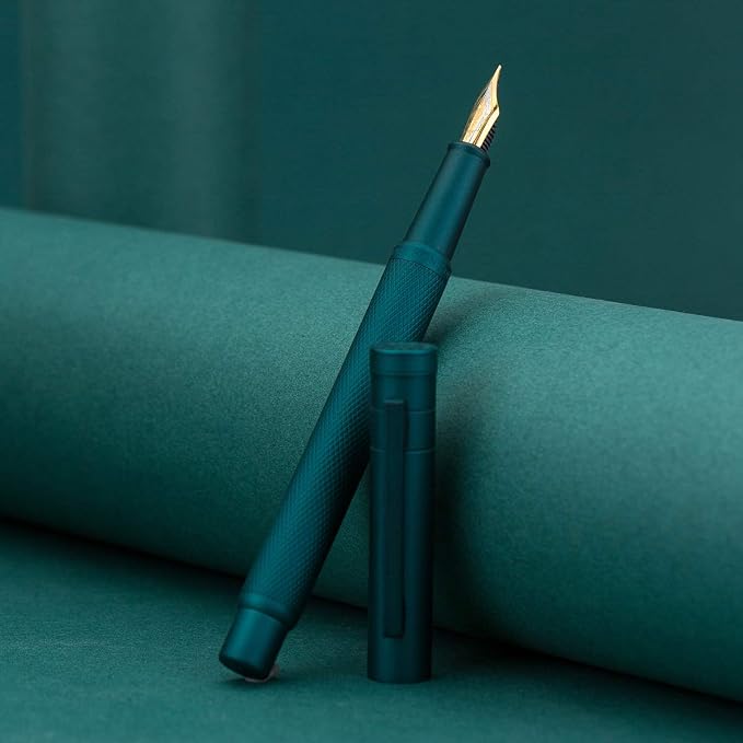 Asvine Dark Green Forest Fountain Pen Fine Nib Classic Design with Converter and Metal Pen Case Set