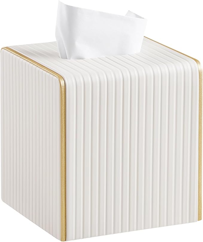 Square PU Leather Tissue Box Cover with Magnetic Closure, Decorative Tissue Holder & Storage Container for Bedroom, Living Room, Dining Room, Bathroom, Countertop, Desk & Office (White)