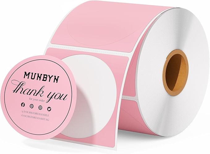 MUNBYN 2 Inch Pink Circle Thermal Sticker Labels, Self-Adhesive Round Direct Thermal Labels for Logo Design, 750 Sheets/1 Roll