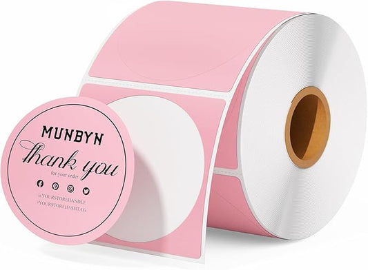 MUNBYN 2 Inch Pink Circle Thermal Sticker Labels, Self-Adhesive Round Direct Thermal Labels for Logo Design, 750 Sheets/1 Roll