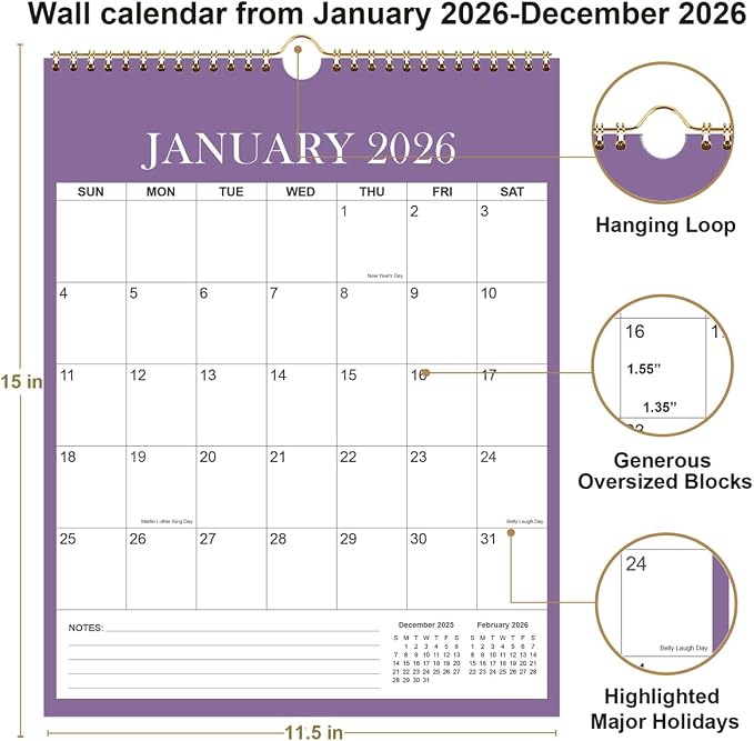 Wall Calendar 2026-2027 - Monthly Calendar 2026-2027 from July 2026 - December 2026, Spiral Binding Hanging Calendar 2026-27 for Home/Office, 12" x 14.5", Purple