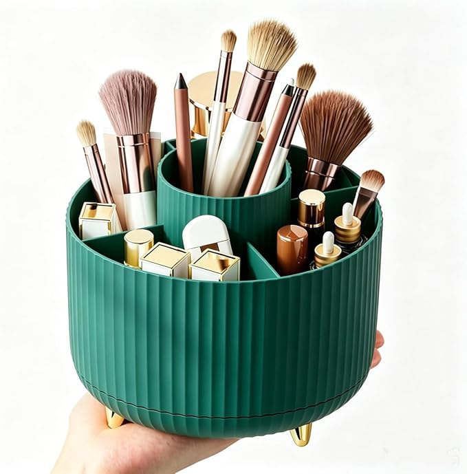 360 Degree Rotating Makeup Brush Holder Organizer Detachable Design 5 Slot Make up Brushes Cup for Cosmetics and Pencil Pen Organizer for Desk Makeup Organizer Skincare Storage for Vanity( Green)