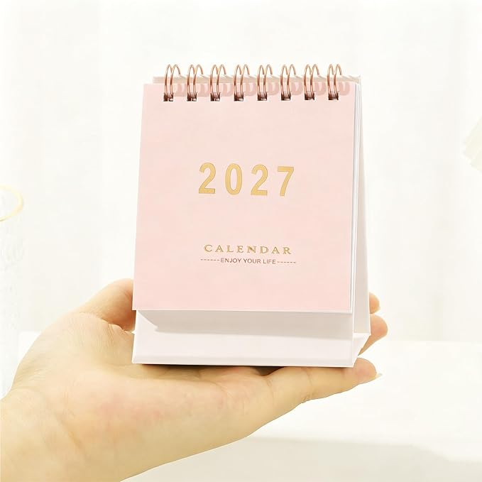 Mini Desk Calendar 2026-2027 - Runs From July 2026 until Dec 2027 Monthy Small Desktop Calendar 250 GSM Thick Paper Twin-Wire Binding for Home or Office (Pink)