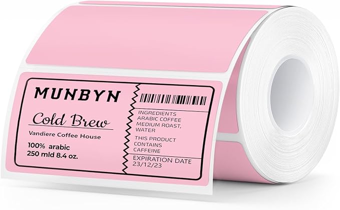 MUNBYN 4x2 Thermal Labels, 500 Sheets/1 Roll, Pink | Strong Adhesive & Perforated, Non BPA&BPS for Small Business, Barcode, Bakery, Inventory, Price Tag