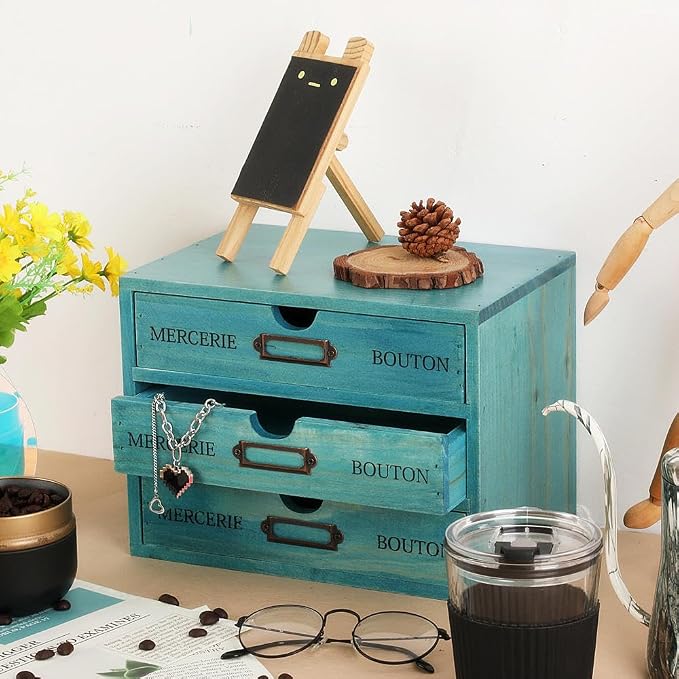 Small Wooden Drawers Wooden Box with Drawer Blue | 3 Drawer Storage Box for Apothecary Cabinet, Apothecary Drawers，Desktop Organizer with Metal Handles for Office，Home