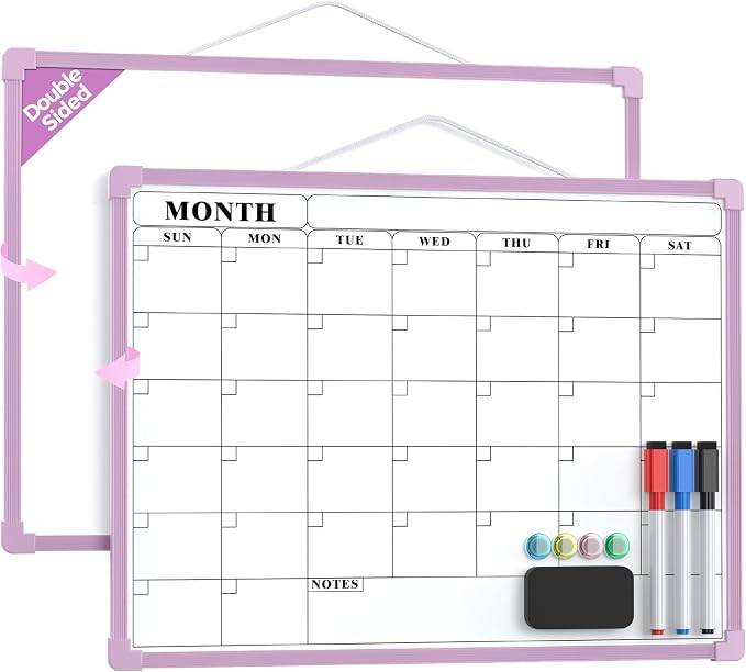 MaxGear Monthly Calendar Dry Erase Board for Wall, 16"x12", Purple Frame | Double-Sided, Hanging Small White Board, Portable Whiteboard for Planning, Drawing, Memo, to Do List, Home, Kitchen, Office