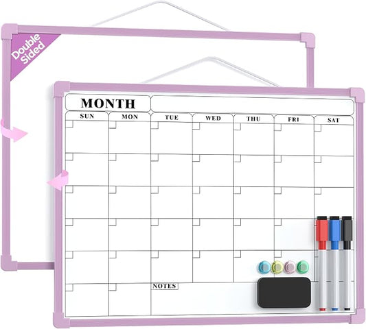 MaxGear Monthly Calendar Dry Erase Board for Wall, 16"x12", Purple Frame | Double-Sided, Hanging Small White Board, Portable Whiteboard for Planning, Drawing, Memo, to Do List, Home, Kitchen, Office