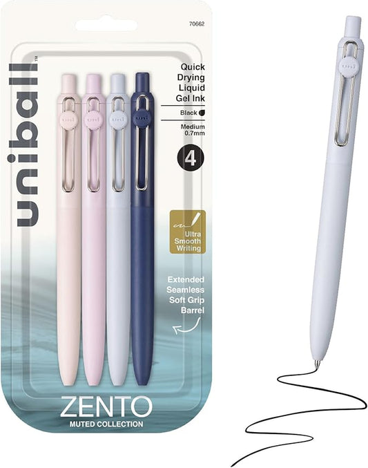 uniball™ Zento Gel Pens, Black Ink, 0.7mm Medium Point, Retractable, 4 Count, Smooth Writing, Quick-Drying, No Smear, No Bleed, Muted Barrel Colors