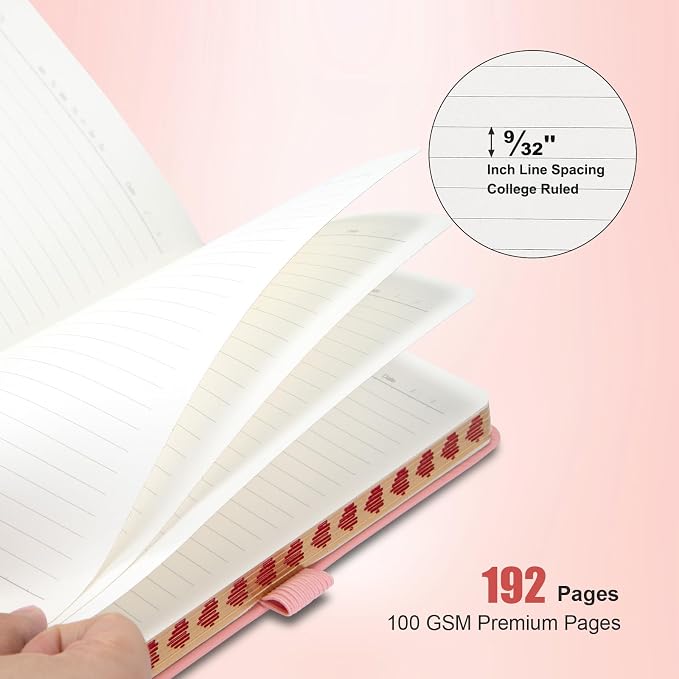 Comix Pretty Lined Journal for Women, 5.5" x 8.3" Hardcover Leather Journal for Writing & Note Taking, A5 Cute Notebook for Office School Home, 192 Pages,100 GSGM Paper, Blush, Heart Motif