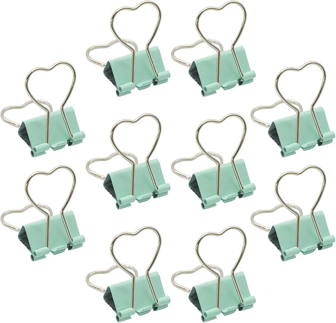 10Pcs Green Binder Clips, Heart Hollow Out Metal Clip Notes Letter Paper Clamps, Colorful Binder Clips for Paperwork/Home, Office Supplies (Green, Can clamp 8mm)