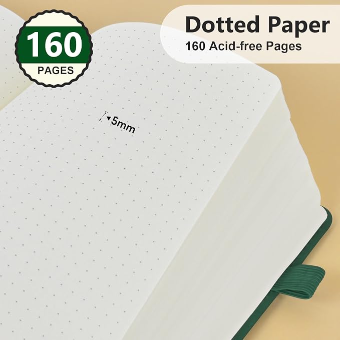 PERCUN A5 Dotted Journal Notebook, Leather Hardcover Notebook 5.9"×8.5" | 160 Dotted Pages Journal for Women & Men, Dot Grid Notebook for Writing, Work, School, Travel Daily Diary, Bullet Journaling