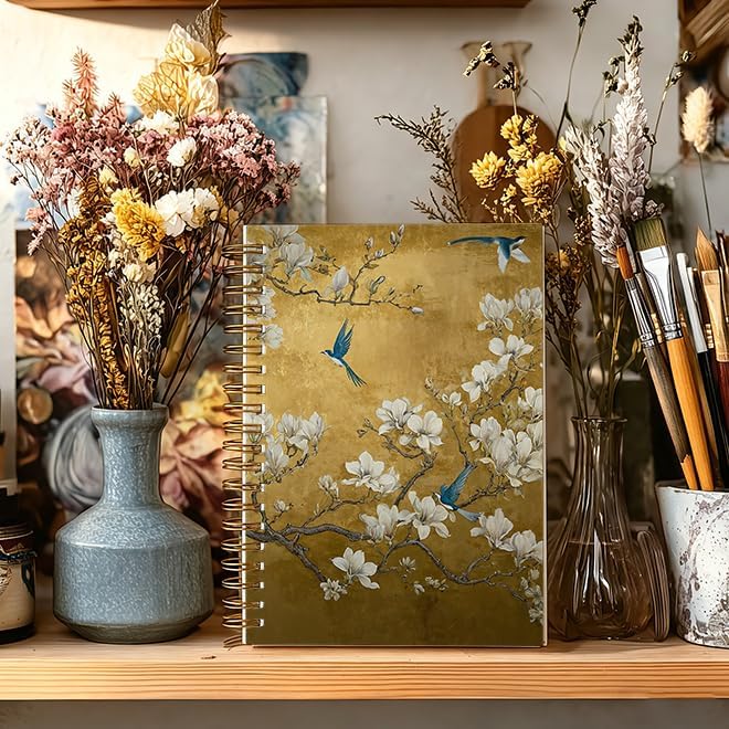 JTRYHRERE Vintage Gold Chinoiserie Floral Bird Spiral Notebook for Work Study, Luxury White Magnolia Floral Blue Bird Notebook Journal for Women Note Taking, 5.5x8.3 Inch
