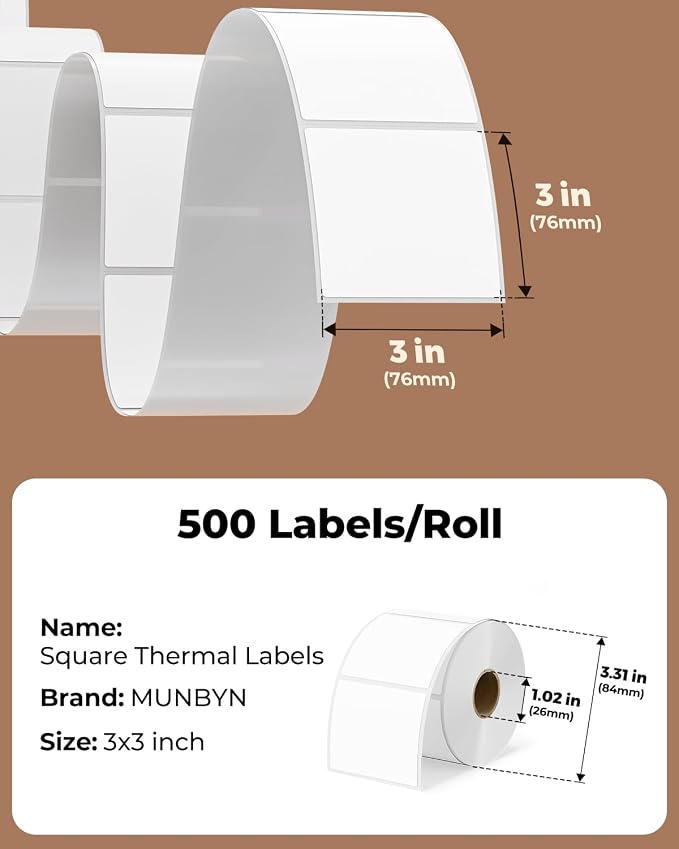 MUNBYN 3x3 Thermal Labels, 500 Sheets/Roll, White | Strong Adhesive & Perforated, Non BPA&BPS for Small Business, Barcode, Bakery, Shipping