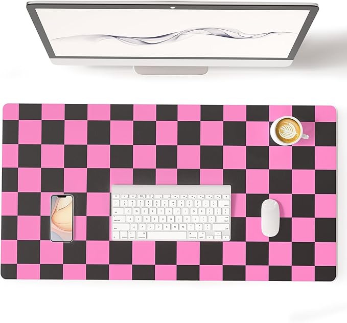 Colorful Star Black Pink Plaid PU Leather Mouse Pad, 31.5" x 15.7" | Waterproof Office Desk Mat, Non-Slip Gaming Mouse Pad, XXL PC Laptop Protector Pads, Desk Writing Pads for Office Home